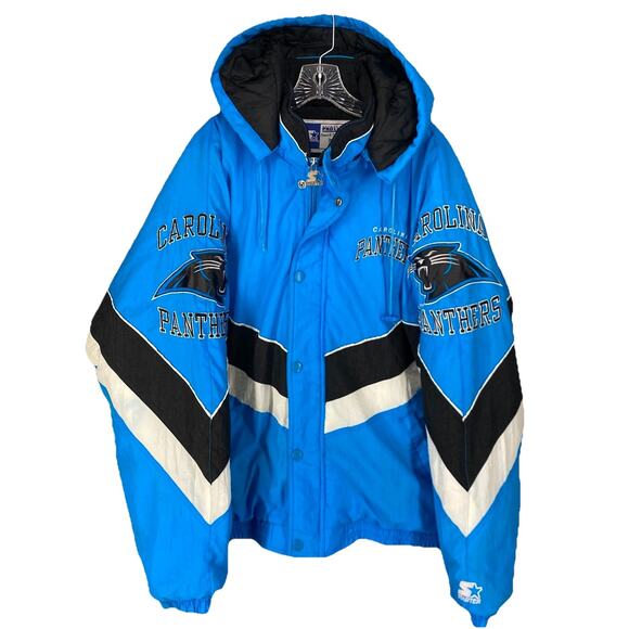 🏈 Vintage Starter Panthers Jacket | Men’s L | Blue NFL Hooded Coat - Picture 1 of 16